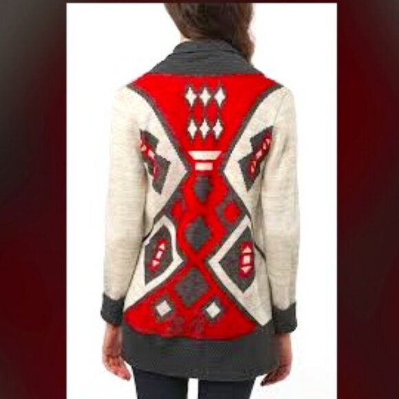 ECOTE x URBAN OUTFITTERS Tribal Pattern Open Cardigan Sweater Sand\Red M - Picture 1 of 5